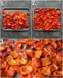 3 step by step photos showing how to roast red peppers