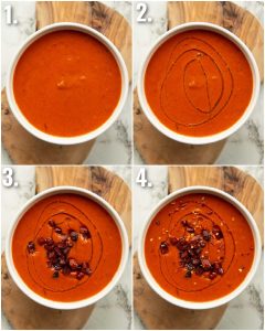 4 step by step photos showing how to serve roasted red pepper soup
