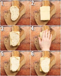 6 step by step photos showing how to air fry a grilled cheese