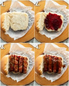 4 step by step photos showing how to make pigs in blankets sandwich