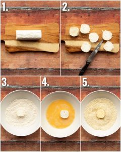 5 step by step photos showing how to bread goats cheese