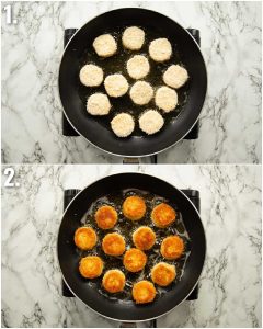 2 step by step photos showing how to fry goat's cheese