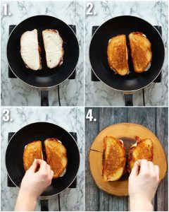 4 step by step photos showing how to fry spicy grilled cheese