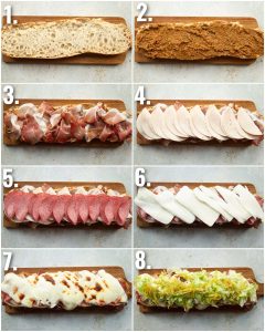 8 step by step photos showing how to make a ciabatta sandwich