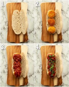 4 step by step photos showing how to make goat's cheese sandwiches