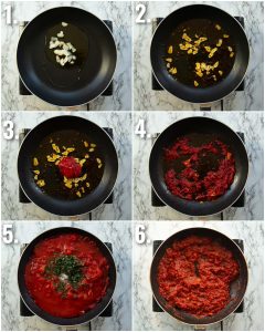 6 step by step photos showing how to make arrabiata sauce