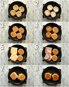 8 step by step photos showing how to make crumpet sandwiches