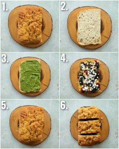 6 step by step photos showing how to make focaccia sandwich