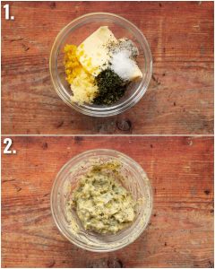 2 step by step photos showing how to make garlic thyme butter