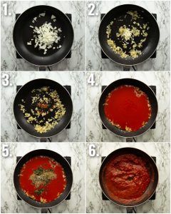 6 step by step photos showing how to make marinara sauce