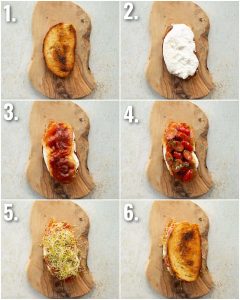 6 step by step photos showing how to make prosciutto burrata sandwich
