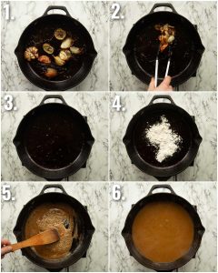 6 step by step photos showing how to make roast chicken gravy