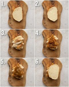 6 step by step photos showing how to make roast chicken sandwiches