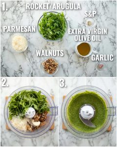 3 step by step photos showing how to make rocket pesto