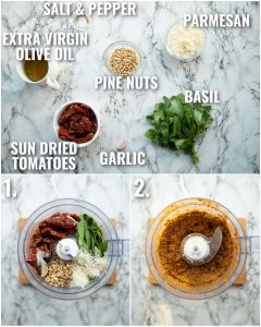 3 step by step photos showing how to make sun dried tomato pesto with labels