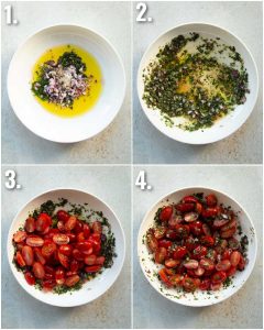 4 step by step photos showing how to marinate tomatoes
