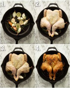4 step by step photos showing how to roast a spatchcock chicken
