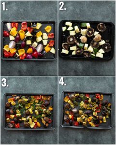 4 step by step photos showing how to roast veggies
