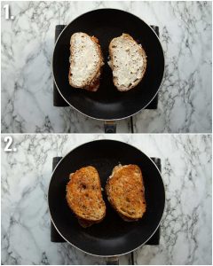 2 step by step photos showing how to fry a prosciutto sandwich