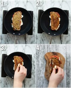 4 step by step photos showing how to make a caprese grilled cheese