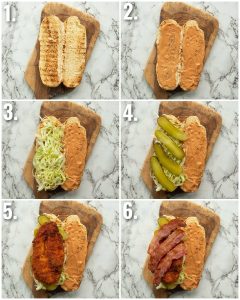 6 step by step photos showing how to make chicken bacon sandwich