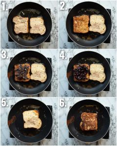 6 step by step photos showing how to make French toast sandwiches