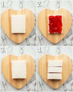 4 step by step photos showing how to make jam sandwiches
