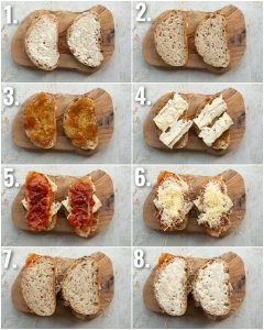 8 step by step photos showing how to make a prosciutto sandwich