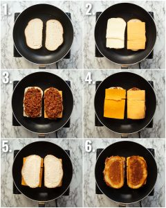 6 step by step photos showing how to make sloppy joe grilled cheese
