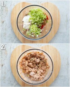 2 step by step photos showing how to make spicy tuna