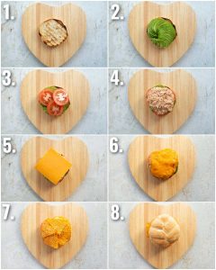 8 step by step photos showing how to make spicy tuna avocado sandwich