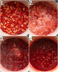 4 step by step photos showing how to make strawberry jam
