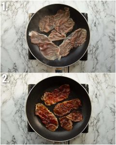 2 step by step photos showing how to pan fry prosciutto
