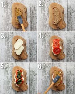 6 step by step photos showing how to prepare a caprese grilled cheese