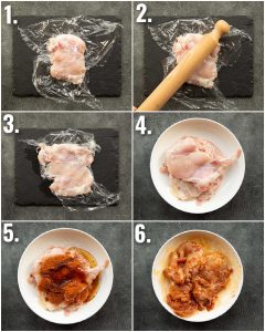 6 step by step photos showing how to prepare peri peri chicken sandwich