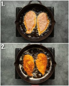 2 step by step photos showing how to shallow fry chicken 