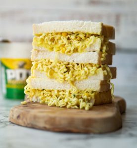 3 pot noodle sandwich halves stacked on each other