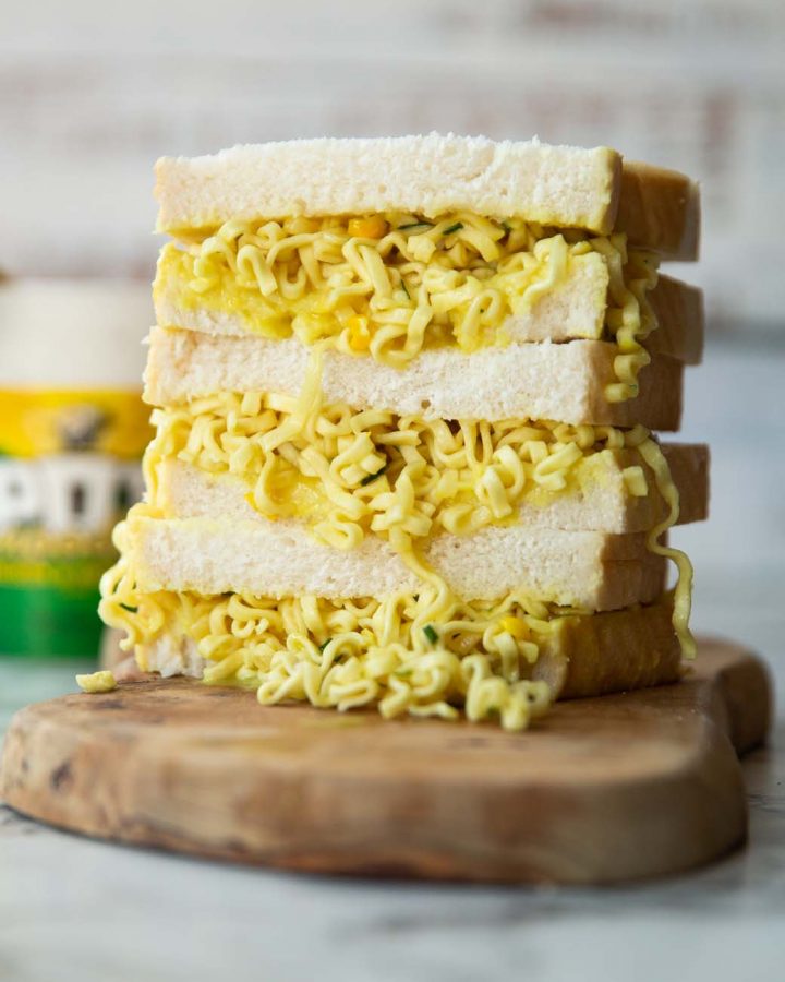 3 pot noodle sandwich halves stacked on each other