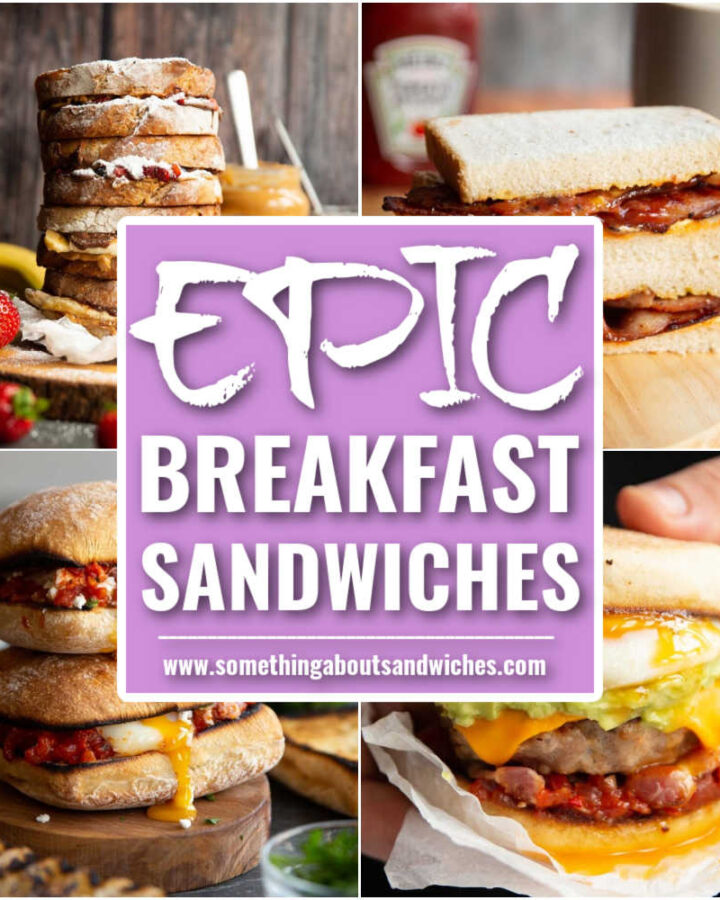 breakfast sandwiches square graphic with text overlay