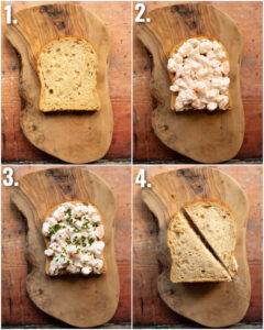4 step by step photos showing how to make prawn mayo sandwich