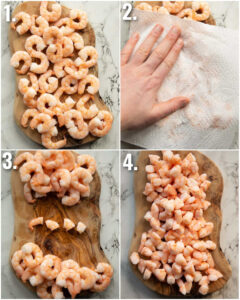 4 step by step photos showing how to slice prawns