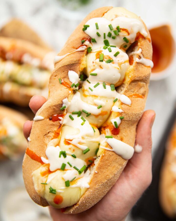 overhead shot of hand holding meatball sub above garnish and ingredients