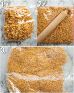 3 step by step photos showing how to crush cornflakes