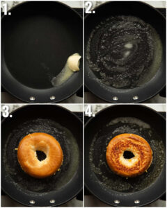 4 step by step photos showing how to fry bagel grilled cheese