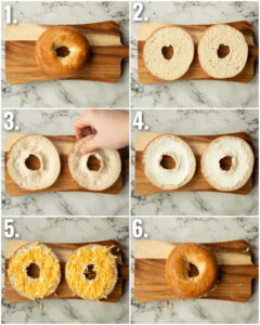 6 step by step photos showing how to make a bagel grilled cheese