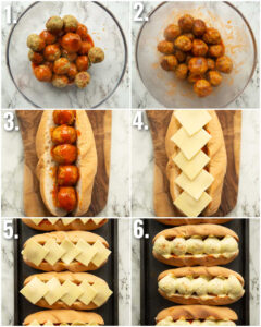 6 step by step photos showing how to make buffalo chicken meatball subs