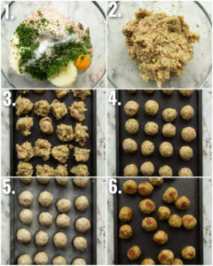 6 step by step photos showing how to make chicken meatballs