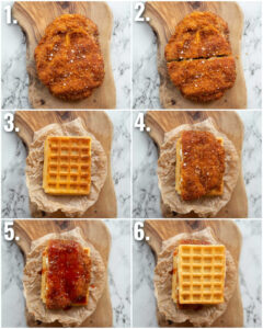 6 step by step photos showing how to make chicken waffle sandwich