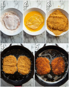 5 step by step photos showing how to make cornflake fried chicken