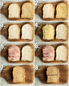 8 step by step photos showing how to make a ham and cheese sandwich